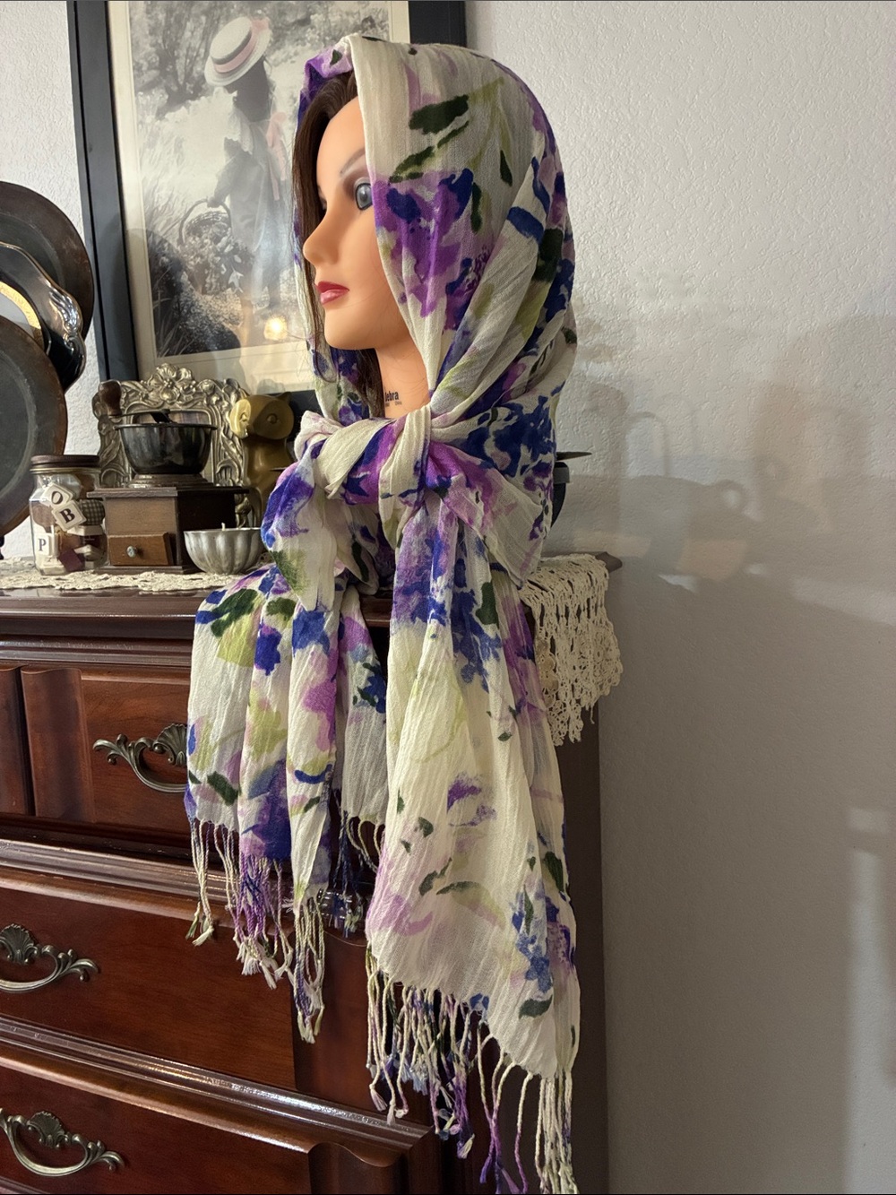 Lightweight Floral Scarf in Purple and Green - Unbranded